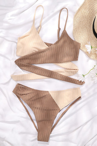 Beige Rib Criss-Cross Colorblock Spliced Bikini Top