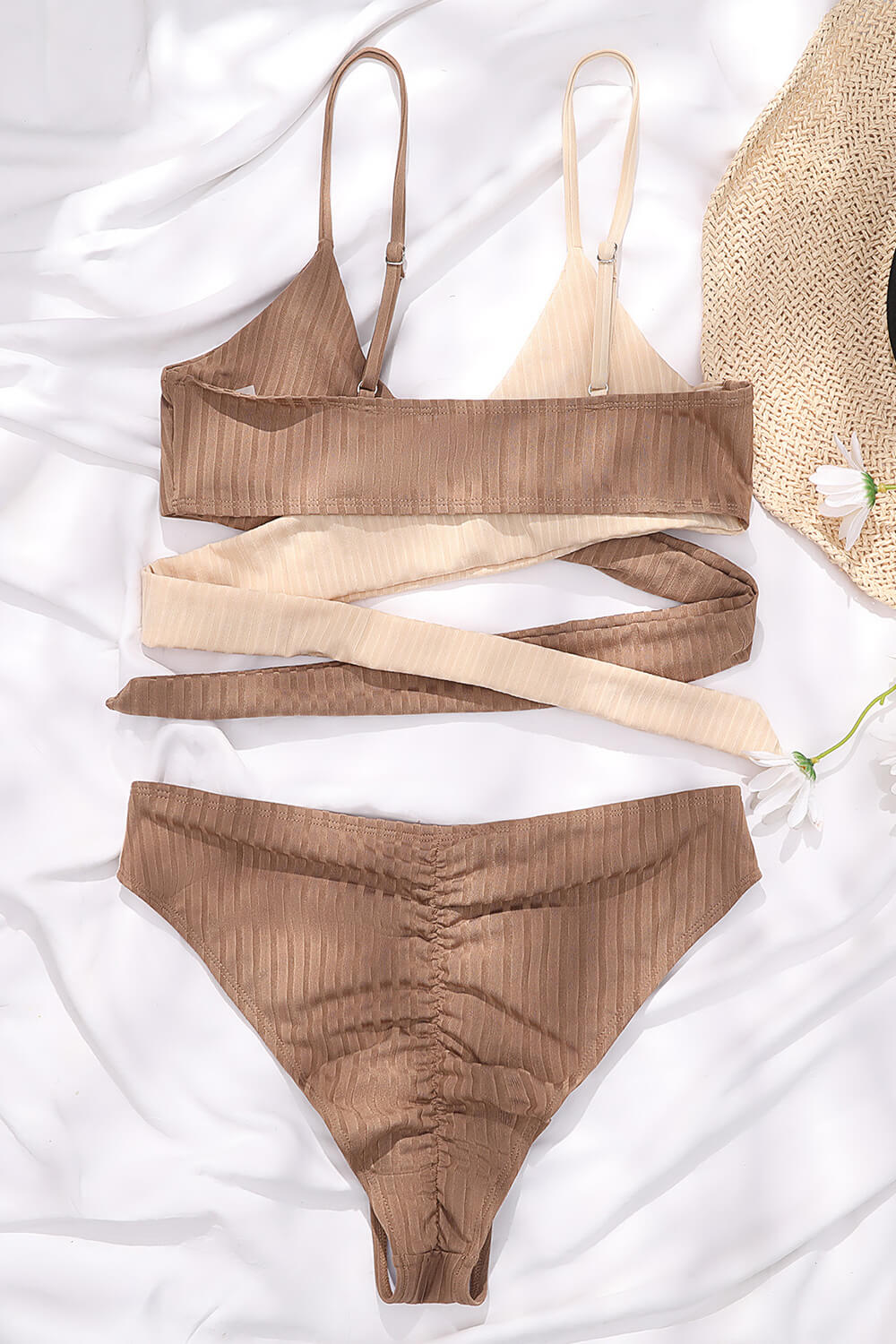 Beige Rib Colorblock High-Waist Bikini Bottoms