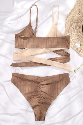 Beige Rib Colorblock High-Waist Bikini Bottoms