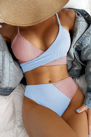 Skyblue Rib Colorblock High-Waist Bikini Bottoms