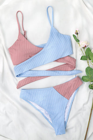 Skyblue Rib Colorblock High-Waist Bikini Bottoms