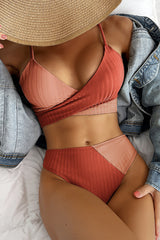 Red Rib Criss-Cross Colorblock Spliced Bikini Top