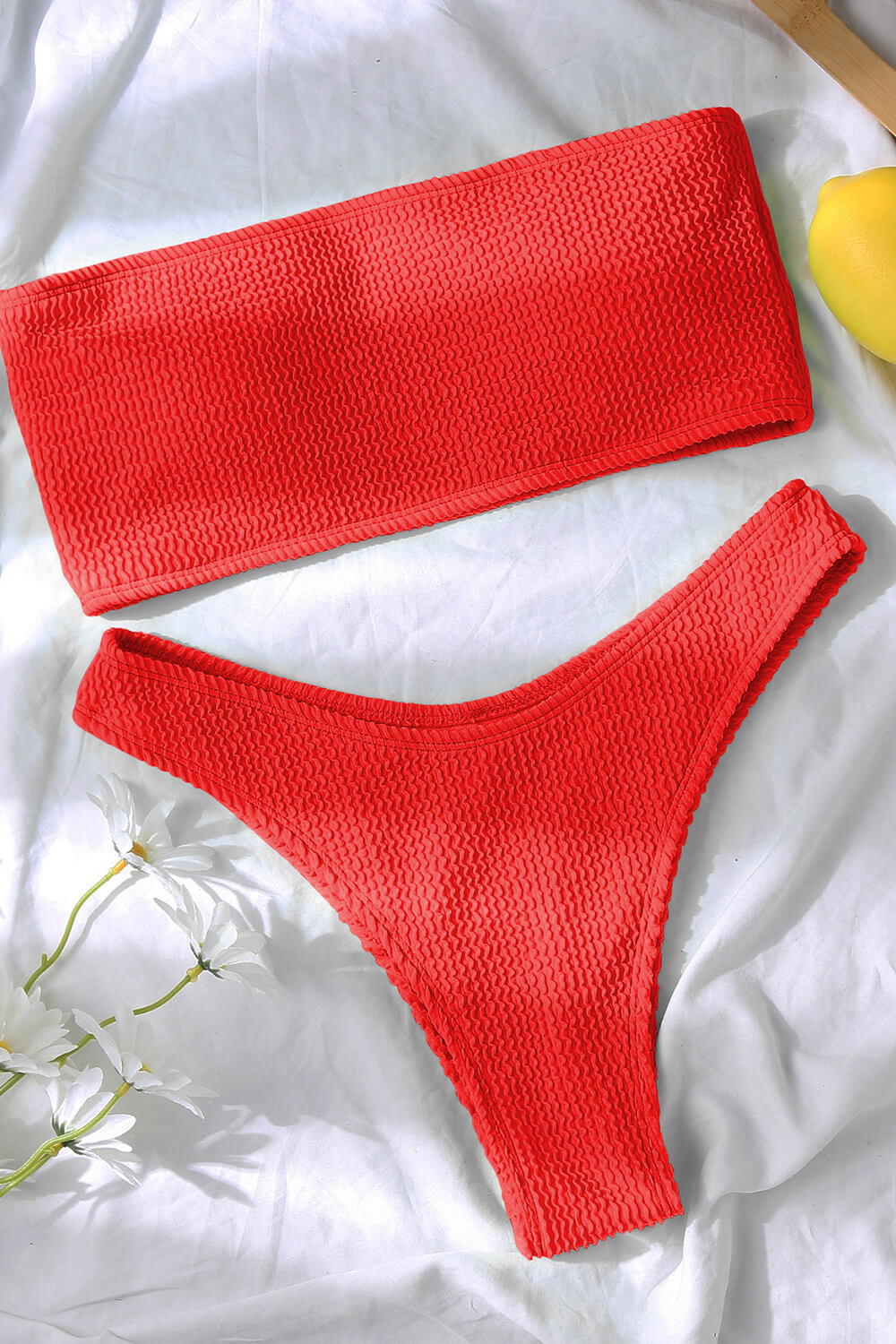Red Crinkle Bandeau Bikini Top