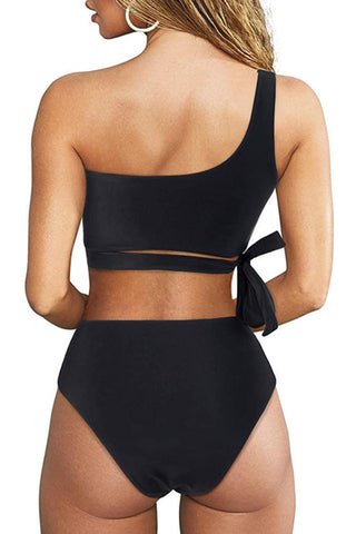 Schwarzes One-Shoulder-Bikinioberteil mit seitlicher Schnürung