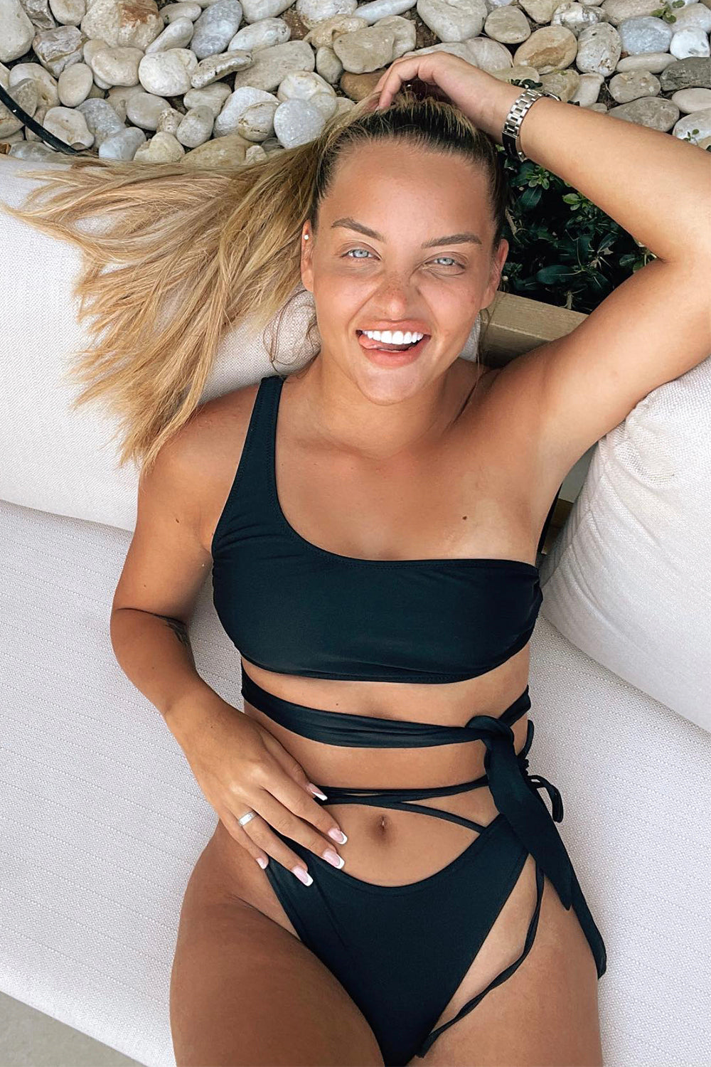 Black One Shoulder Tie Side Bikini Top