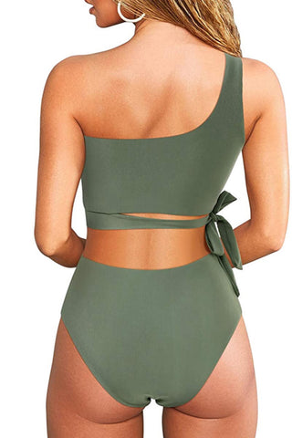 Grünes One-Shoulder-Bikinioberteil mit seitlicher Schnürung