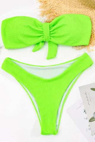 Limettengrünes Crinkle-Bandeau-Bikinioberteil mit Schleife