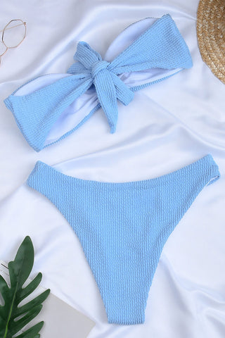 Baby Blue Crinkle Bandeau Bow Bikini Top