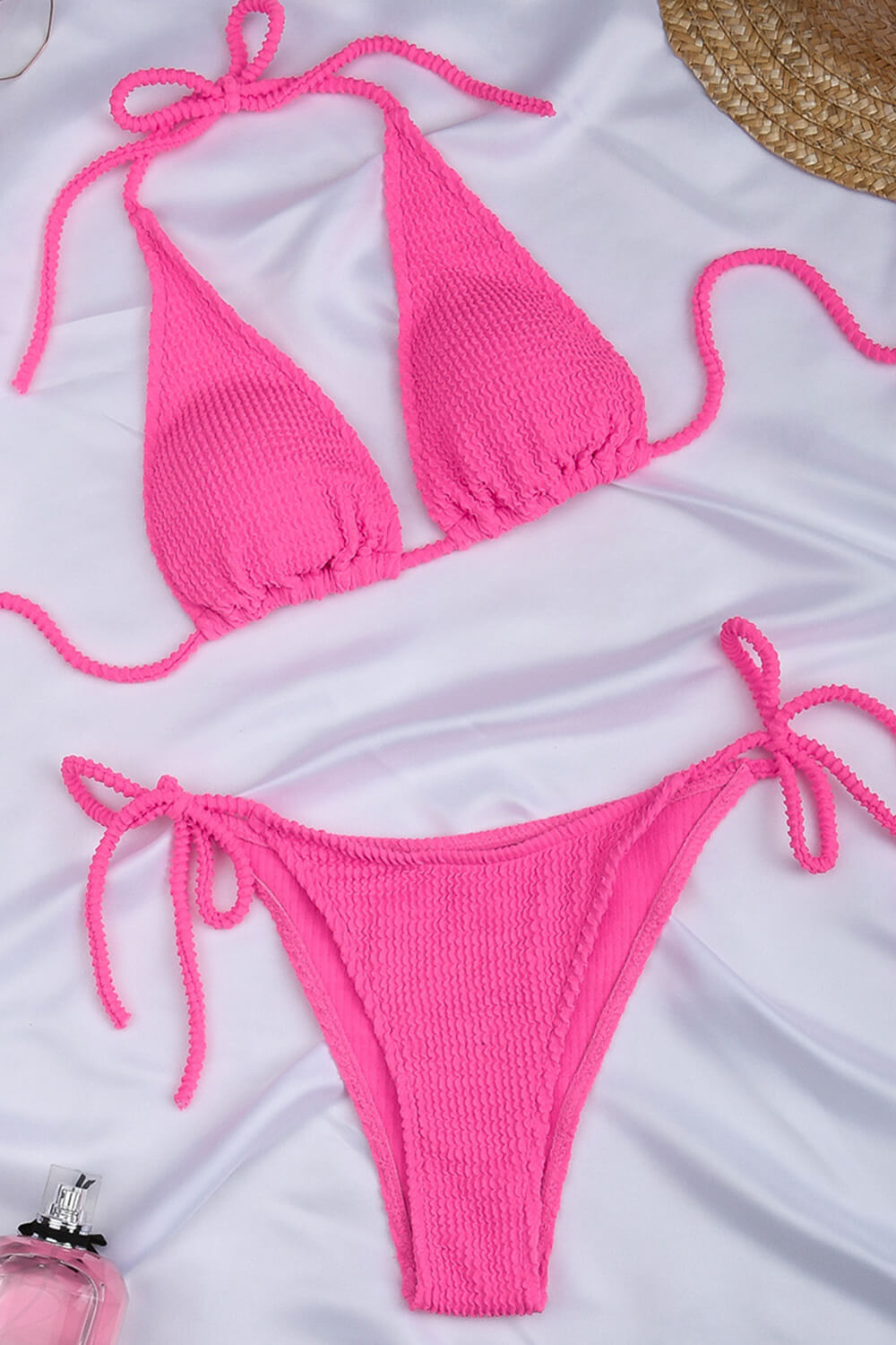Neon Pink Crinkle Halter Bikini Top