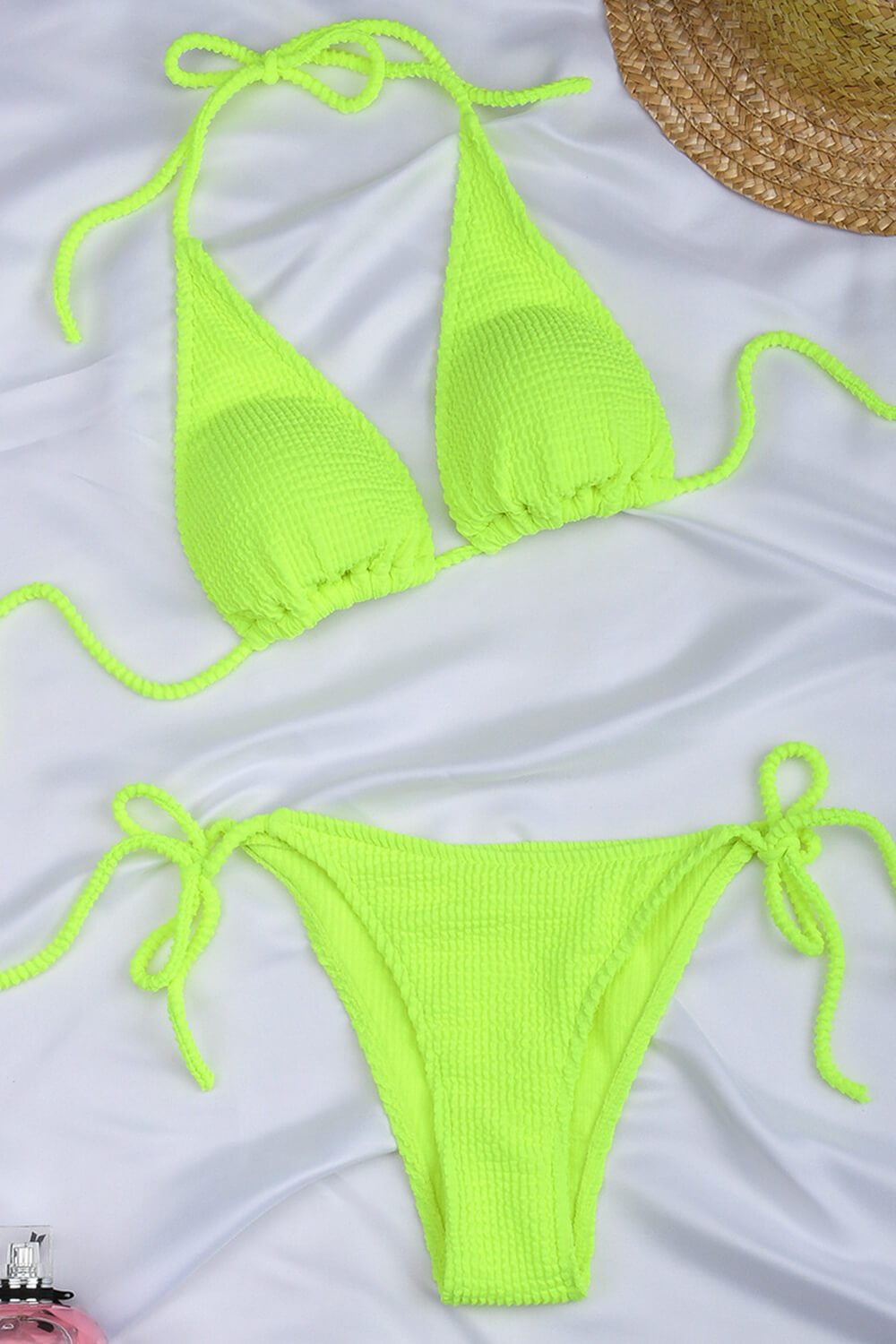 Neon Yellow Crinkle Halter Bikini Top