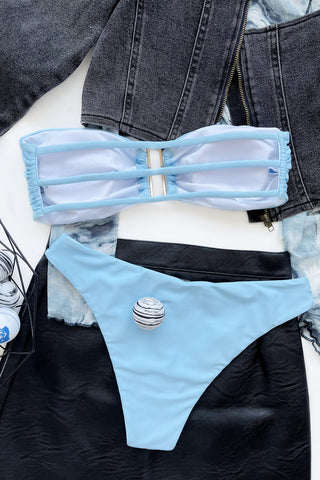 Light Blue Bandeau Bikini Top With A U-Shaped Metal Link