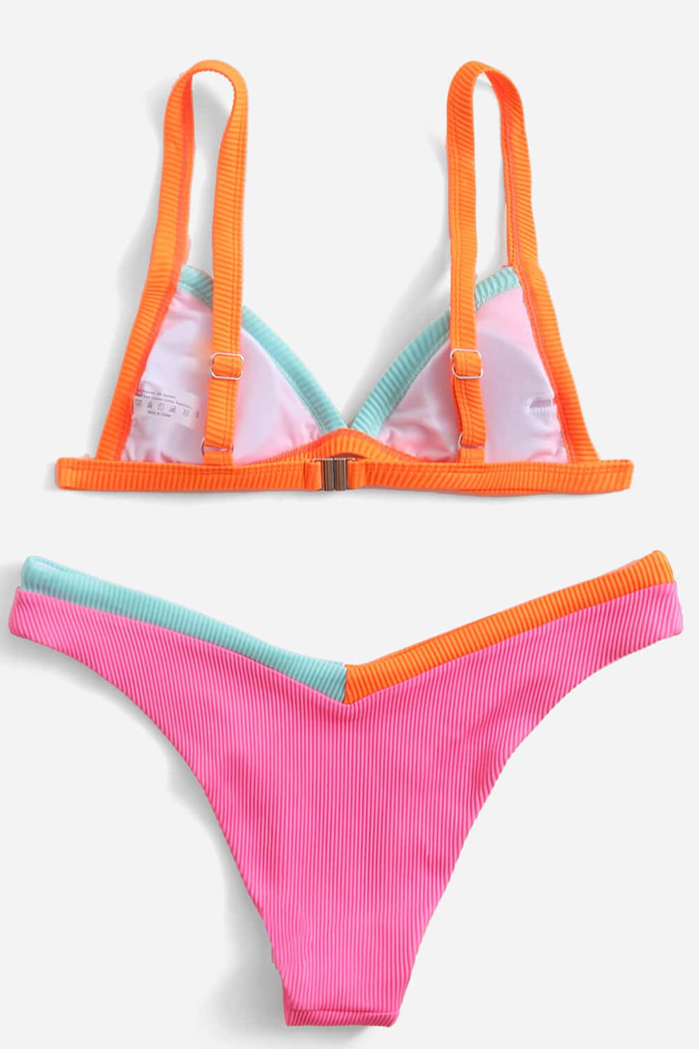 Hot Pink Ribbed Colorblock Triangle Bikini Top