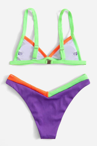 Purple Ribbed Colorblock Bikini Bottoms