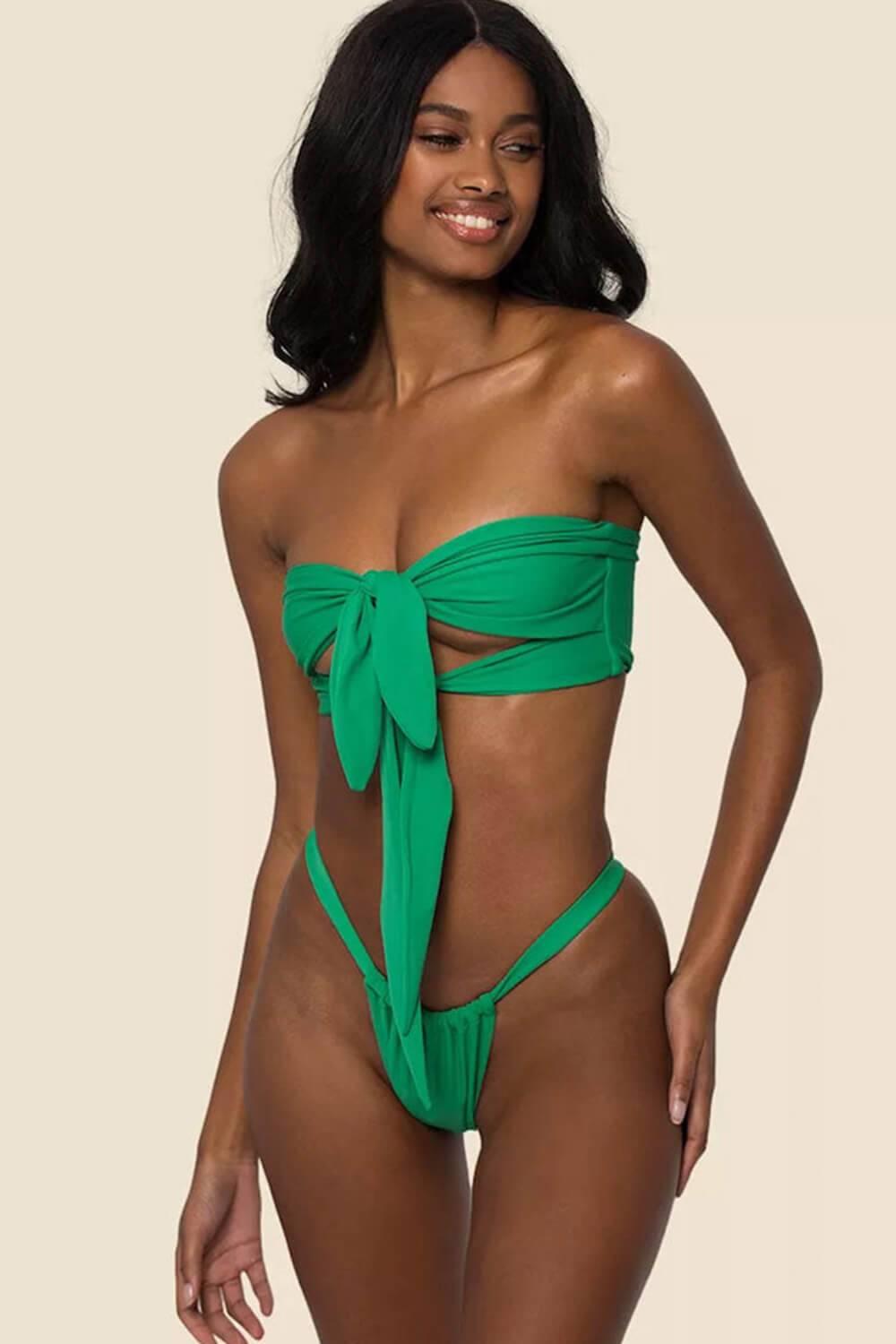 Double Front Tie Bandeau Ruched Brazilian Bikini Set - Green/Pink/Black/Chocolate/Blue