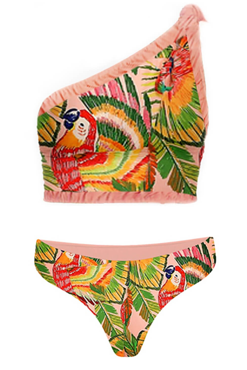 Macaw Leaves Print One Shoulder High Waisted Bikini Set