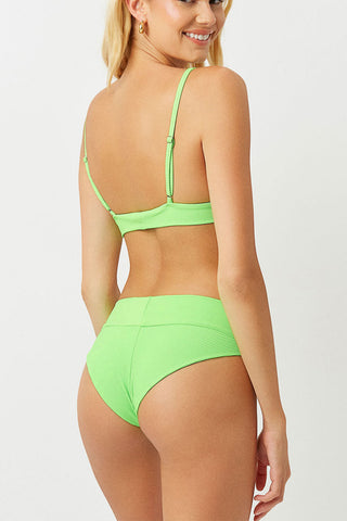 Conjunto de bikini de cintura alta con escote redondo y canalé - Rosa/Verde amarillento