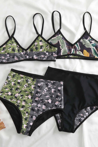 Vintage Floral & Banana Print V-Neck Reversible High-Waist Bikini Set
