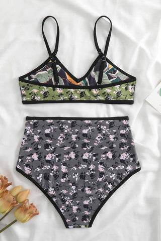 Vintage Floral & Banana Print V-Neck Reversible High-Waist Bikini Set