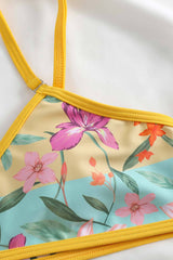 Orange Floral & Island Print V-Neck Reversible High-Waist Bikini Set