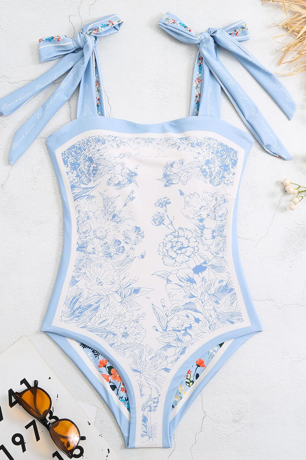 Vintage Blue Floral Print Reversible Tie-Shoulder One Piece Swimsuit
