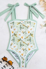 Spring Green Floral Print Reversible Tie-Shoulder One Piece Swimsuit