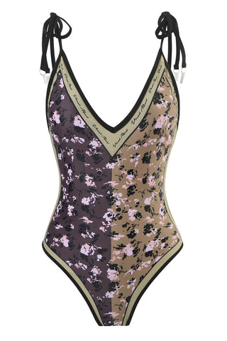 Traje de baño de una pieza reversible con escote pronunciado y lazo en los hombros con estampado floral y de plátanos