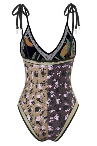 Traje de baño de una pieza reversible con escote pronunciado y lazo en los hombros con estampado floral y de plátanos