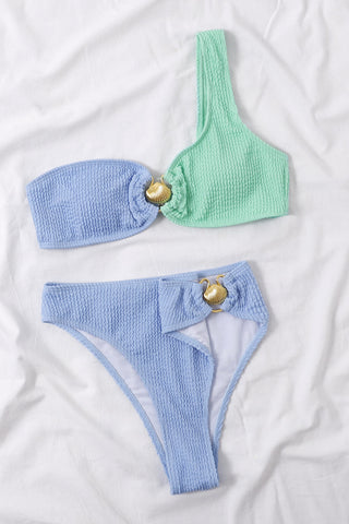 Color Block Crinkle One Shoulder High Waisted Bikini Set With Gold Shell Detail - Blue & Mint/Lime & Yellow/Black/Hot Pink & Blue/Coral & Hot Pink