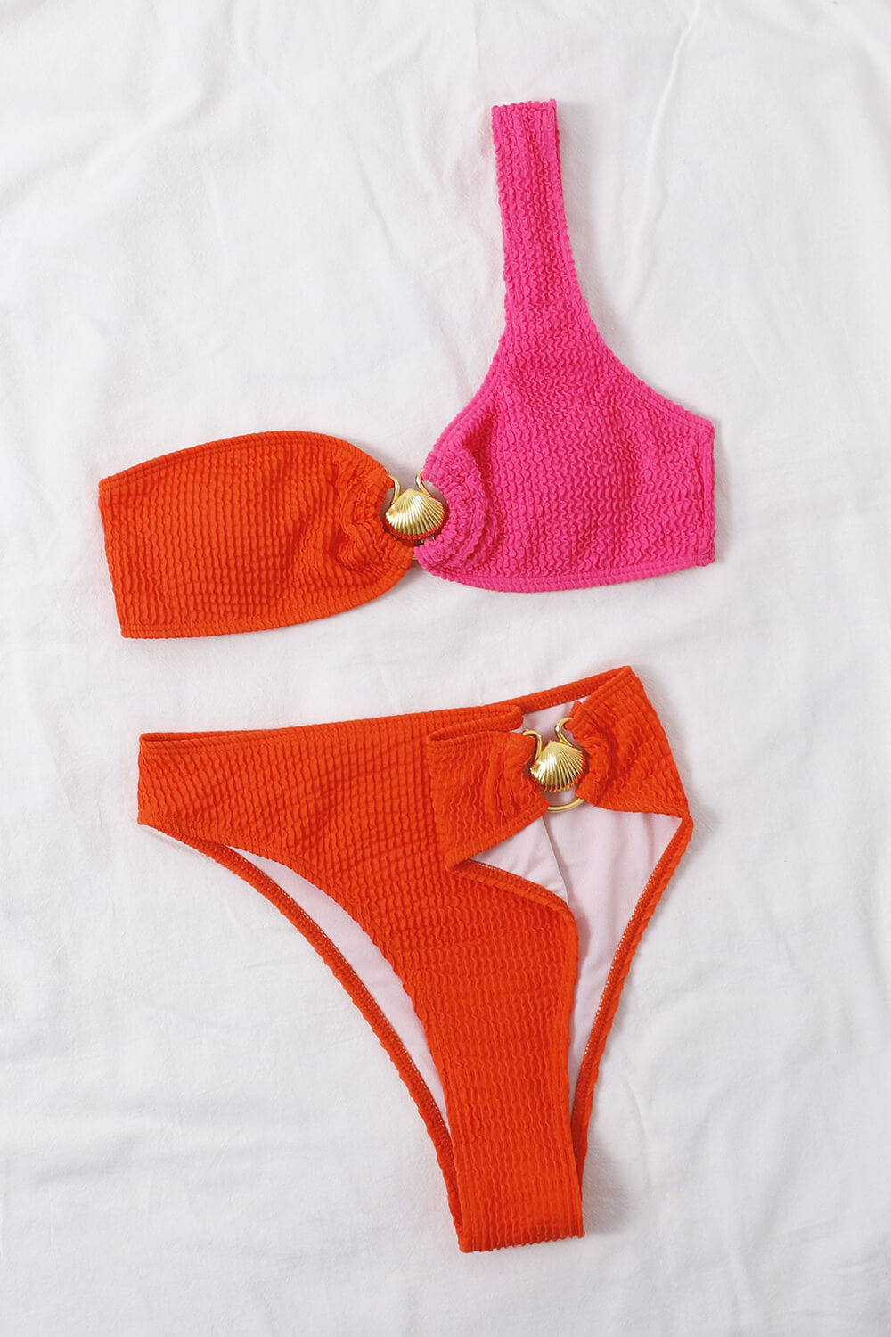 Color Block Crinkle One Shoulder High Waisted Bikini Set With Gold Shell Detail - Blue & Mint/Lime & Yellow/Black/Hot Pink & Blue/Coral & Hot Pink