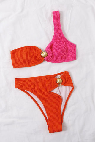 Color Block Crinkle One Shoulder High Waisted Bikini Set With Gold Shell Detail - Blue & Mint/Lime & Yellow/Black/Hot Pink & Blue/Coral & Hot Pink