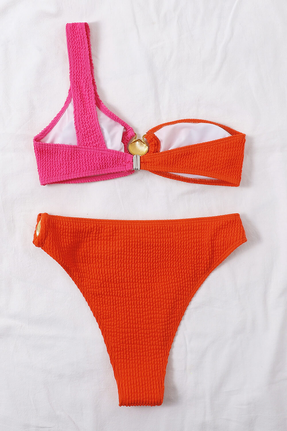 Color Block Crinkle One Shoulder High Waisted Bikini Set With Gold Shell Detail - Blue & Mint/Lime & Yellow/Black/Hot Pink & Blue/Coral & Hot Pink