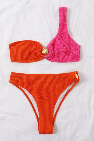 Color Block Crinkle One Shoulder High Waisted Bikini Set With Gold Shell Detail - Blue & Mint/Lime & Yellow/Black/Hot Pink & Blue/Coral & Hot Pink