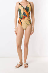 Tropical Leaf Print V-Neck Low Back One Piece Swimsuit
