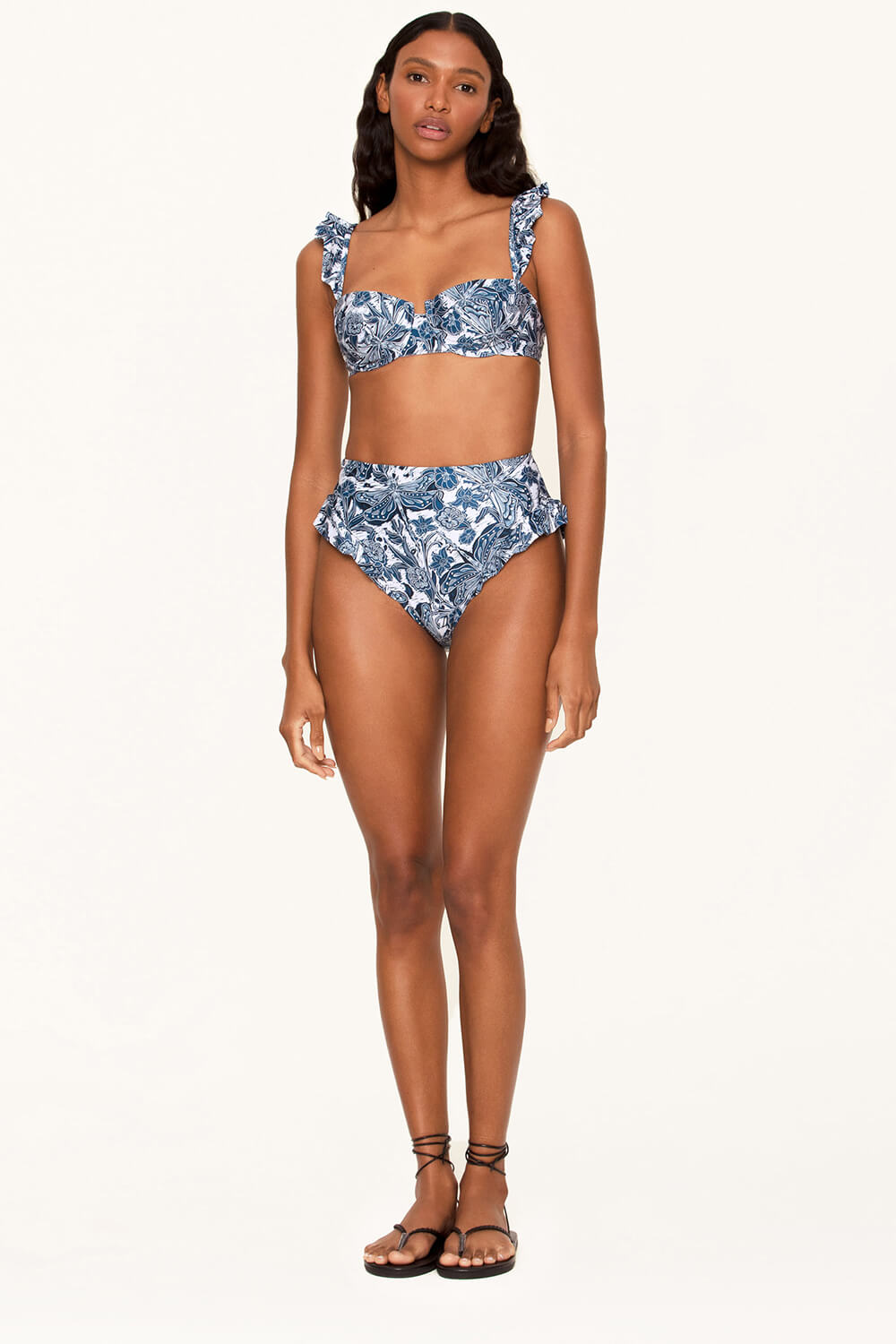 Blaues Bikini-Set mit hoher Taille und Bügeln im Libellen-Design mit Rüschenbesatz