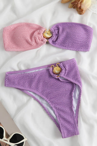 Color Block Bandeau Crinkle High Waisted Bikini Set With Gold Shell Detail