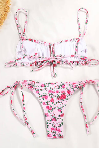 Conjunto de bikini bandeau fruncido con estampado floral y lazo ajustable en la parte delantera y los laterales