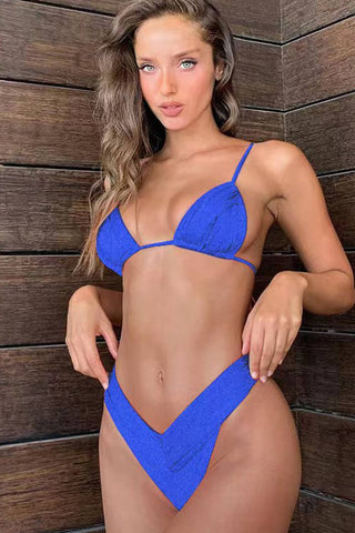 Bikini de corte alto con espalda anudada y triángulo fruncido: negro, rosa intenso, lila, amarillo, azul real, salmón y menta