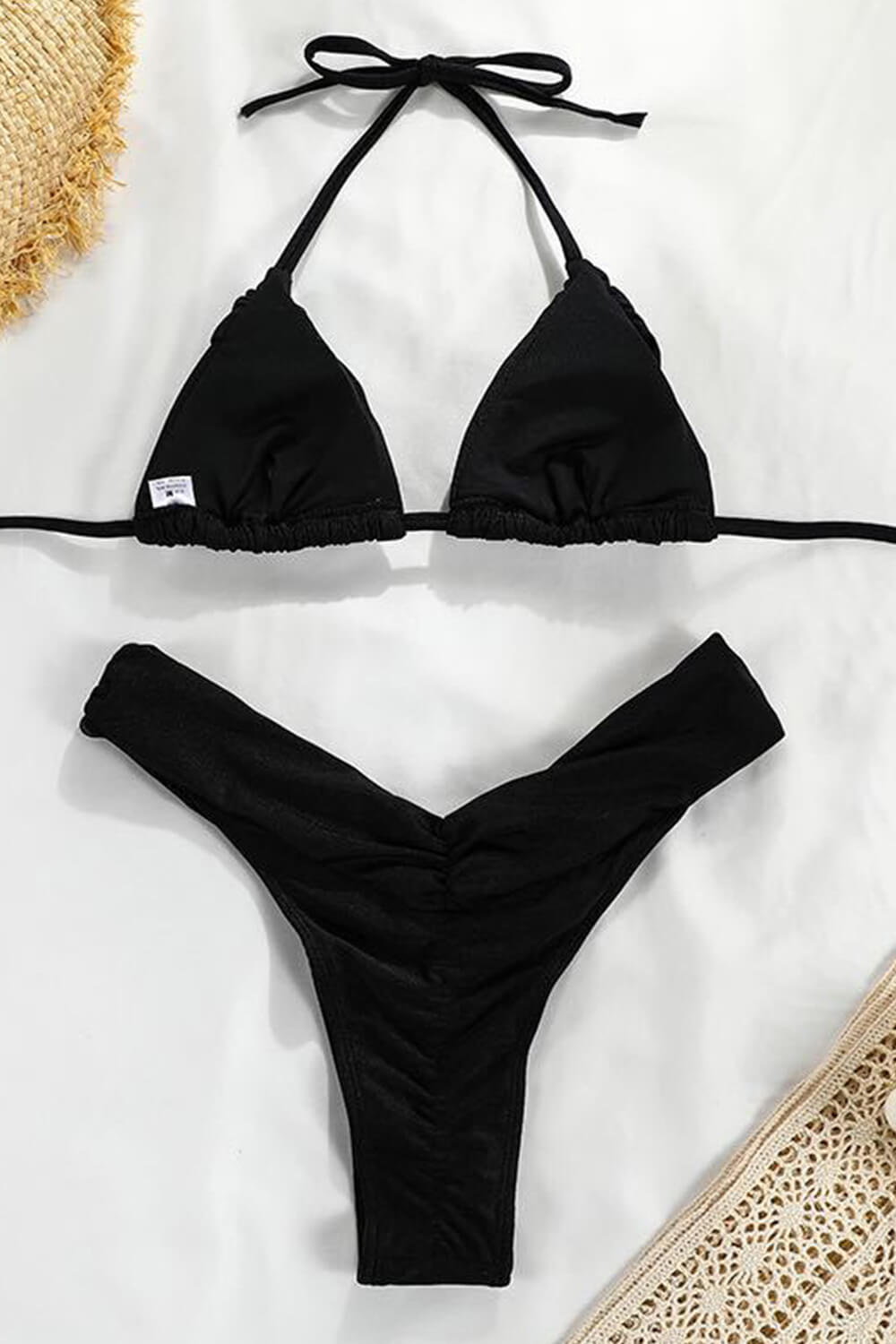 Bikini de corte alto con espalda anudada y triángulo fruncido: negro, rosa intenso, lila, amarillo, azul real, salmón y menta