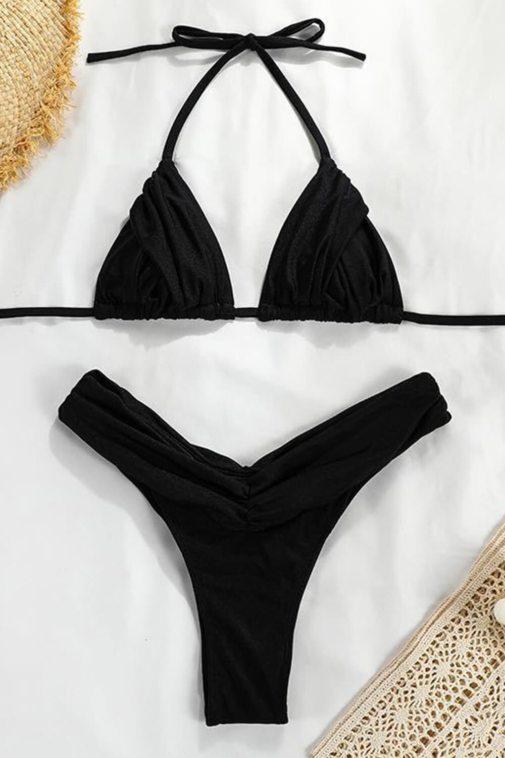 Bikini de corte alto con espalda anudada y triángulo fruncido: negro, rosa intenso, lila, amarillo, azul real, salmón y menta