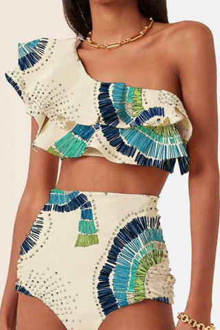 Bikini-Set mit Rüschen, einer Schulter und hoher Taille und Weißkopfseeadler-Print