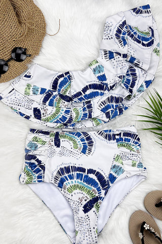 Bikini-Set mit Rüschen, einer Schulter und hoher Taille und Weißkopfseeadler-Print