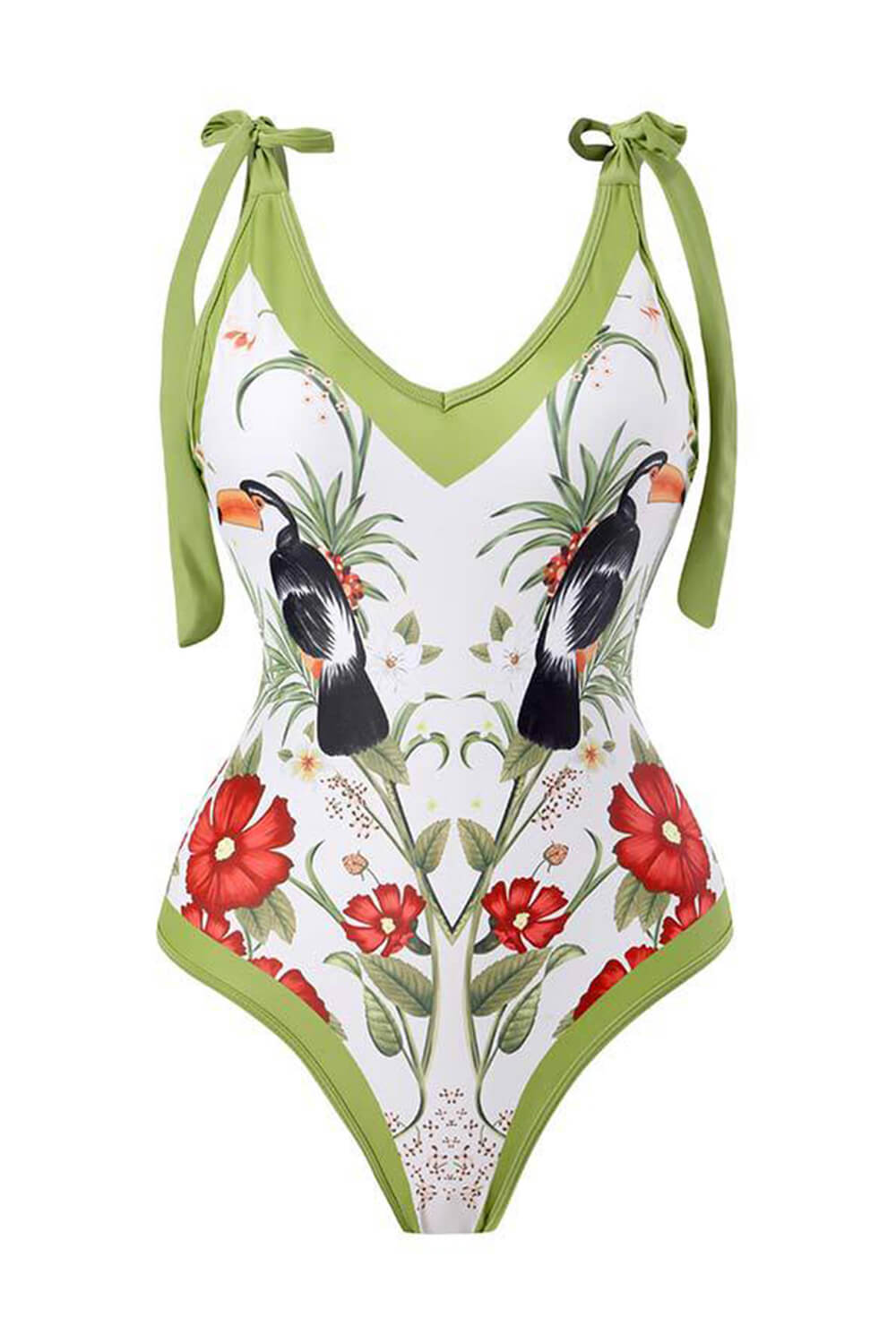 Toco Toucan & Floral Print Plunge Tie-Shoulder One Piece Swimsuit