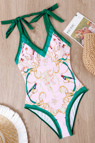 Birds Of Paradise Print Plunge Tie-Shoulder One Piece Swimsuit