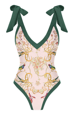 Birds Of Paradise Print Plunge Tie-Shoulder One Piece Swimsuit