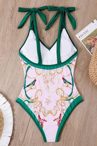 Birds Of Paradise Print Plunge Tie-Shoulder One Piece Swimsuit