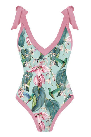 Pink Contrast Floral Print Plunge Tie-Shoulder One Piece Swimsuit