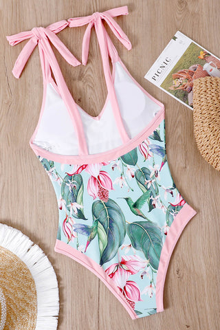 Pink Contrast Floral Print Plunge Tie-Shoulder One Piece Swimsuit