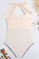 Color Block Halter Neck Open Back One Piece Swimsuit - Pink&Lilac