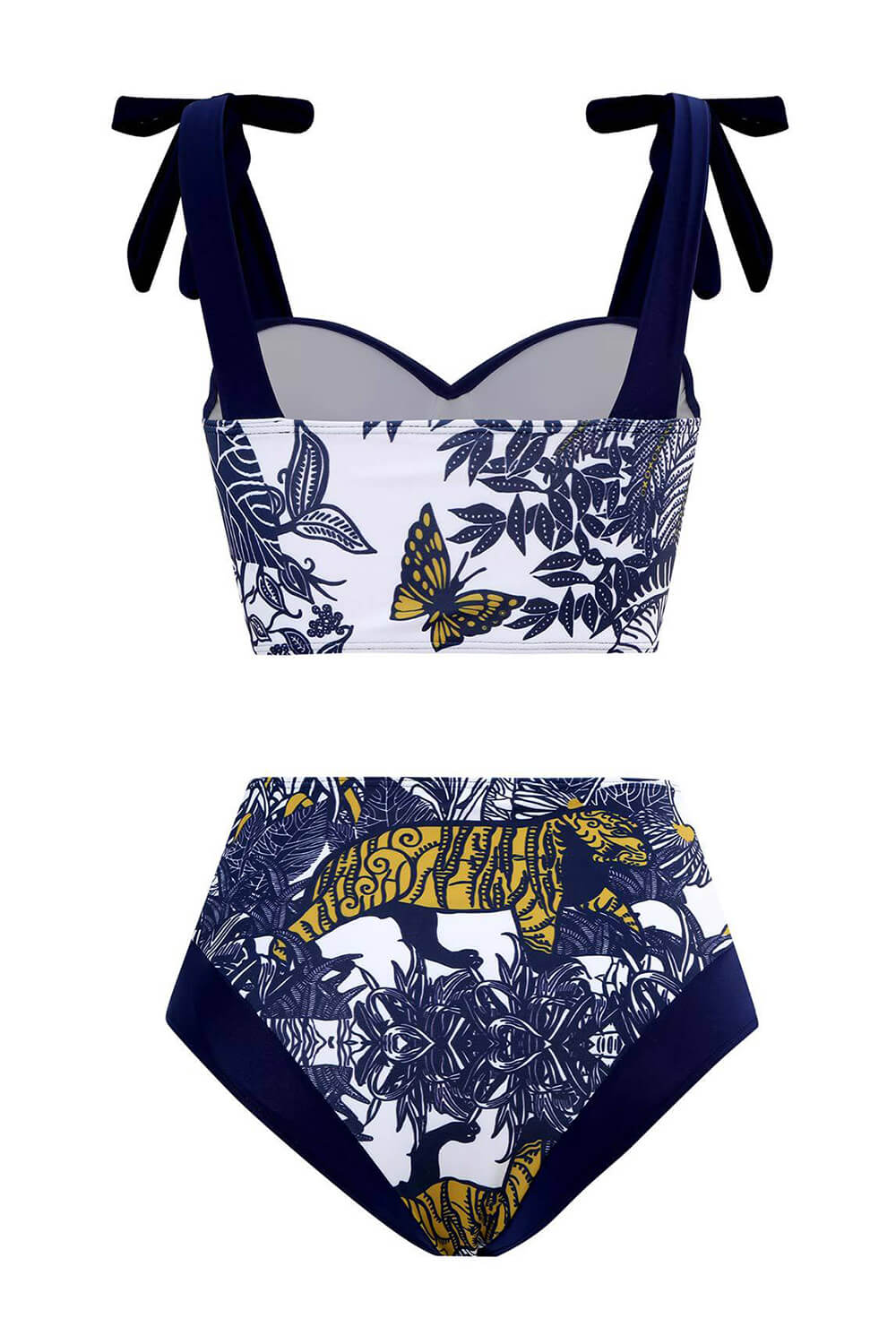 Bikini-Set mit hoher Taille, Bügeln, Herzausschnitt und Bindebändern an den Schultern und Tiger-Print