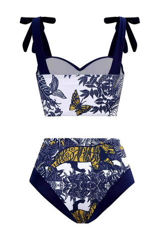 Bikini-Set mit hoher Taille, Bügeln, Herzausschnitt und Bindebändern an den Schultern und Tiger-Print